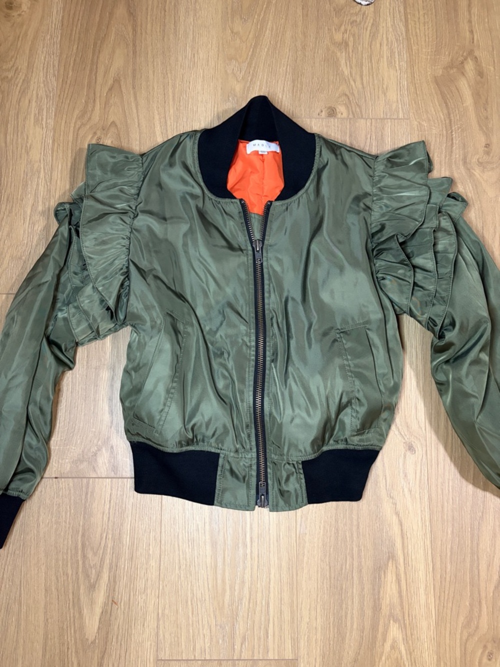 Ruffle-Sleeve Bomber Jacket in Olive Green with Orange Lining